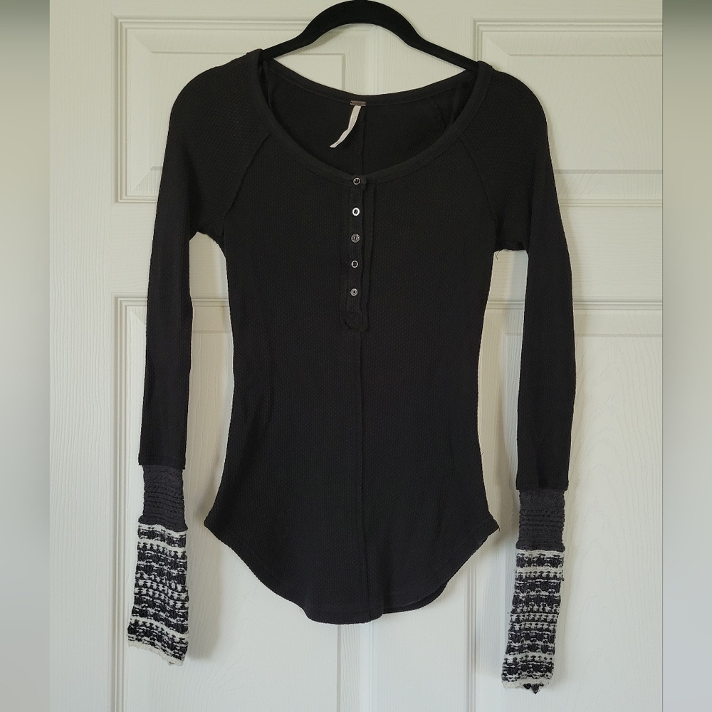 Free People Black Long Sleeve Henley with Patterned Cuffs